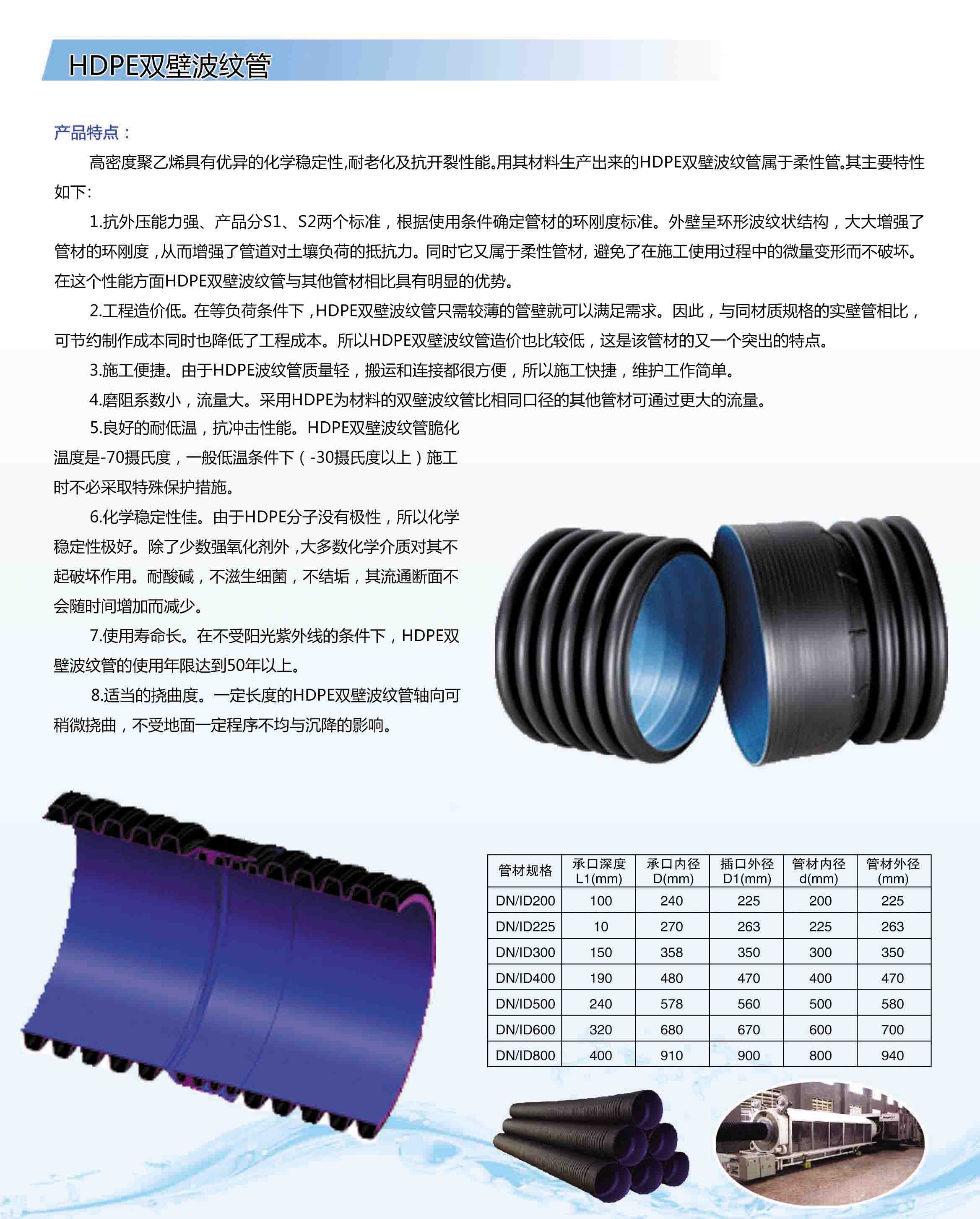 HDPE双壁波纹管，聚乙烯双壁波纹管，高密度聚乙烯波纹管，高密度聚乙烯具有优异的化学稳定性，耐老化及抗开裂性能。用其材料生产出来的HDPE双壁波纹管属于柔性管。其主要特性如下